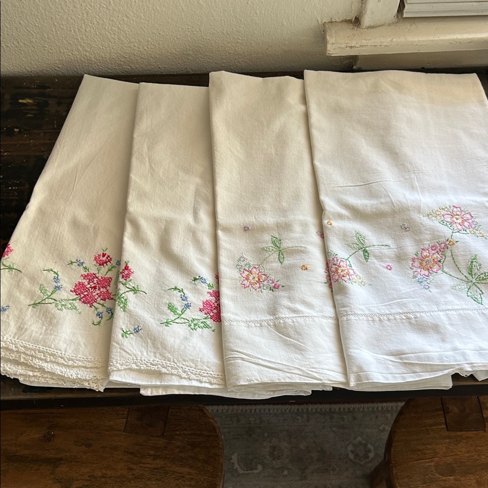 Pristine White Standard Floral Hand Embroidered/Crossstitch Pillowcases - 4 ct